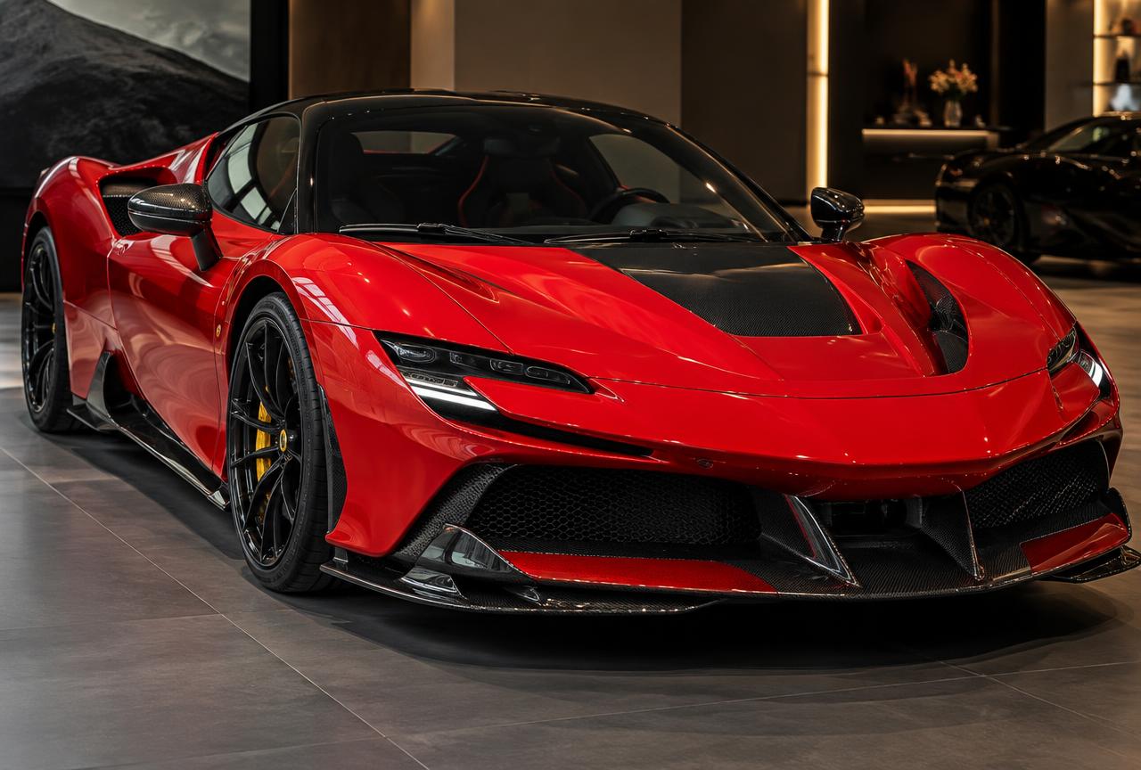 Red supercar exterior detail in a private showroom