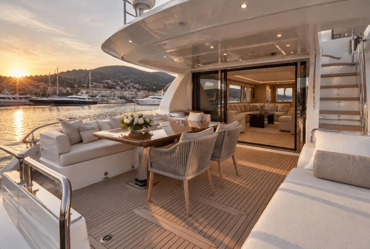 Motor yacht aft deck at golden hour in a Mediterranean marina