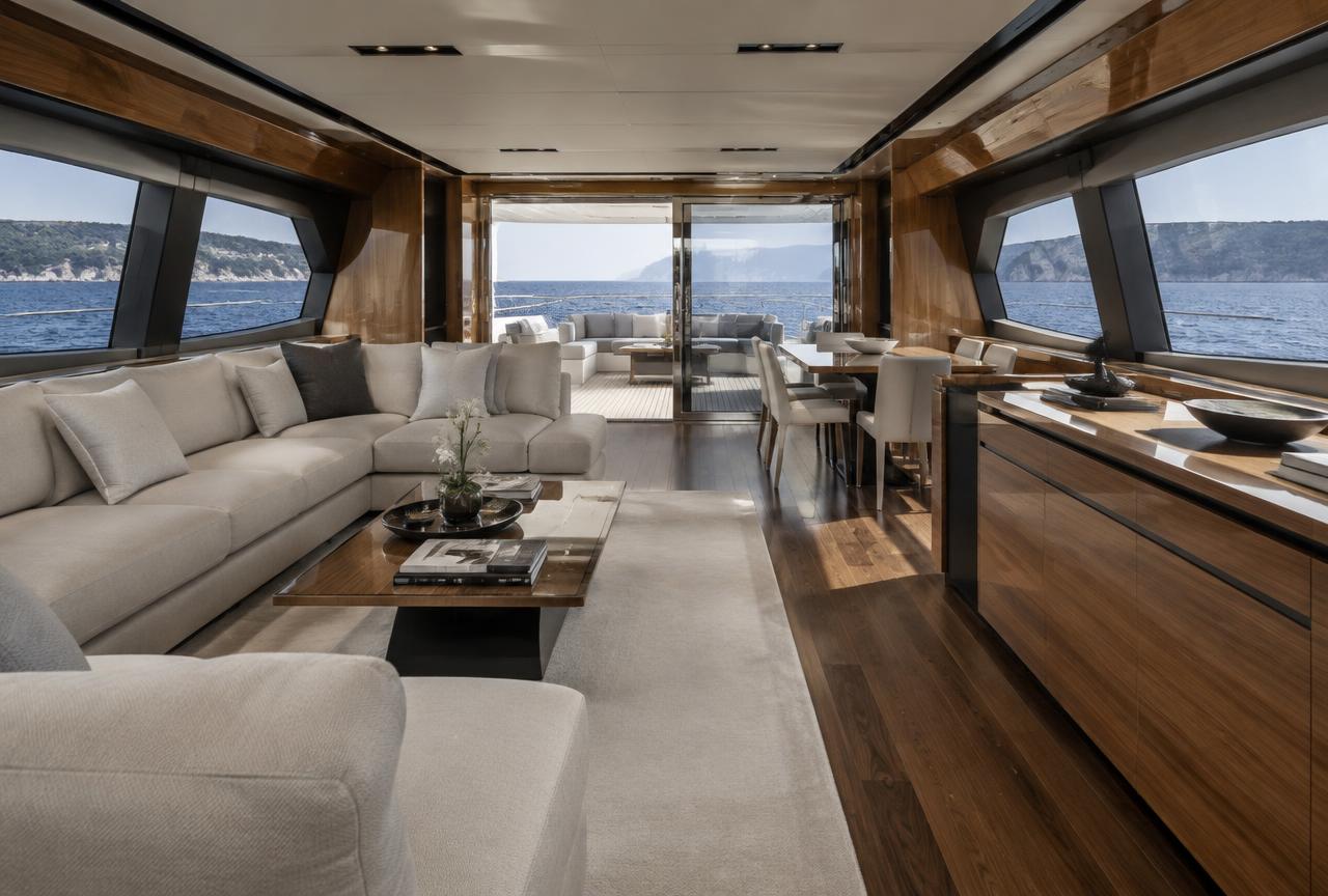 Contemporary motor yacht salon with panoramic sea views